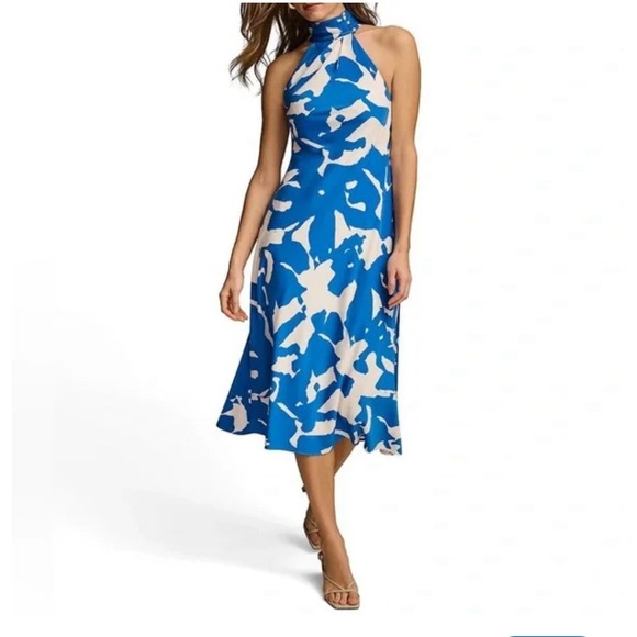 Donna Karan Dresses & Skirts - Donna Karan Women's‎ Halter-Neck Sleeveless Midi Blue/White Dress 2 Silk